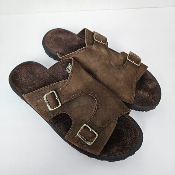 TEVA Alexandra Shoc Pro Brown Leather Adjustable Double Buckle Slide Sandal 11 - Picture 2 of 12
